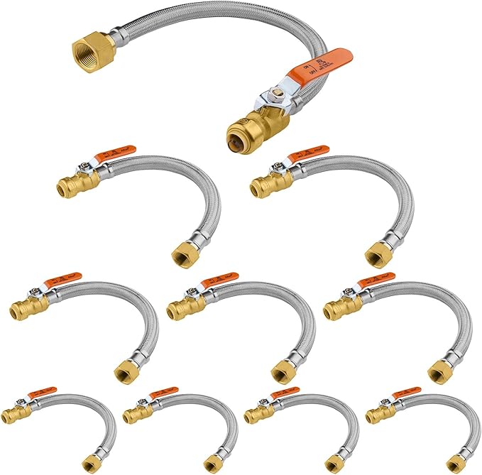 10-Pack HeSun 18-Inch Push-Fit Ball Valve Water Heater Connector, Push-to-Connect 1/2" x 3/4" FIP, Stainless Steel Flexible Heater Hose(HOSE017-10)