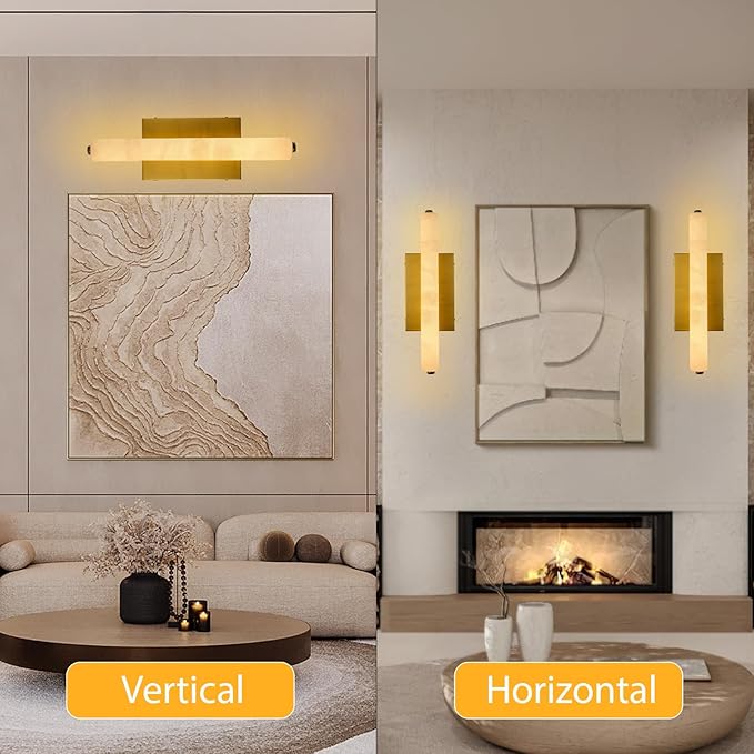 Alabaster Wall Sconces Set of Two, 15in Brass Alabaster Sconce, Modern Spanish Natural Marble Sconces Lights, Rectangle Gold Sconces for Bathroom Vanity Bedroom Living Room Staircases Hallway