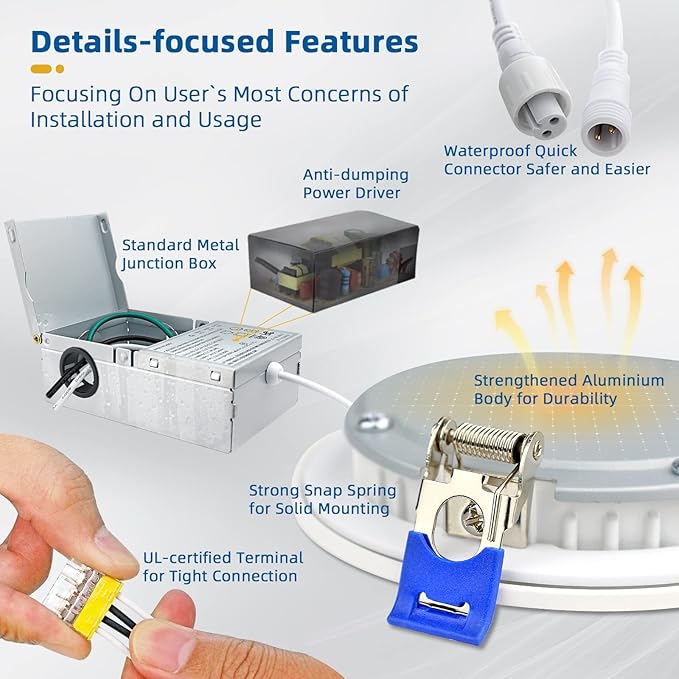 8 Pack 6 Inch 16W MAX.2000LM LED Recessed Lighting with Junction Box, Eqv 200W,2700K/3000K/3500K/4000K/5000K Selectable,Dimmable, Free of Can Housing,Flush Mount Downlight-ETL & Energy Star