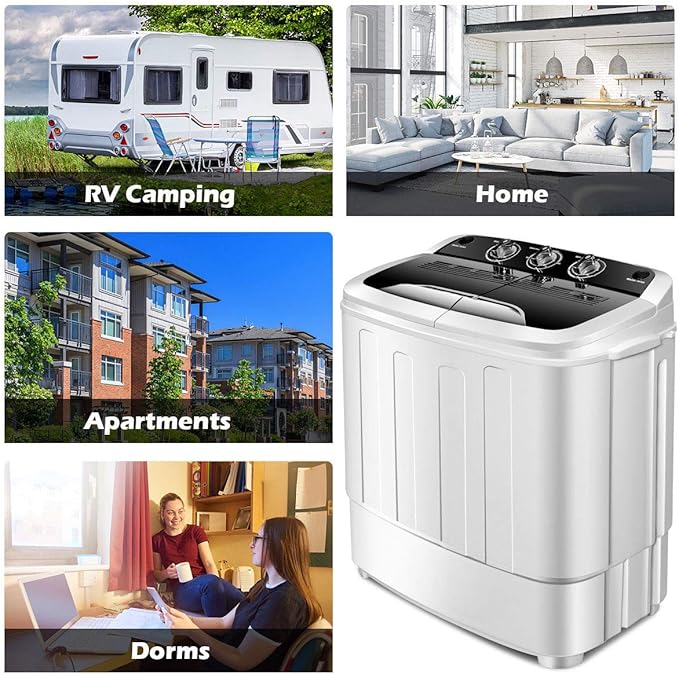 Giantex Portable Compact 13 Lbs Mini Twin Tub Washing Machine Washer Spin Dryer (Black&White)