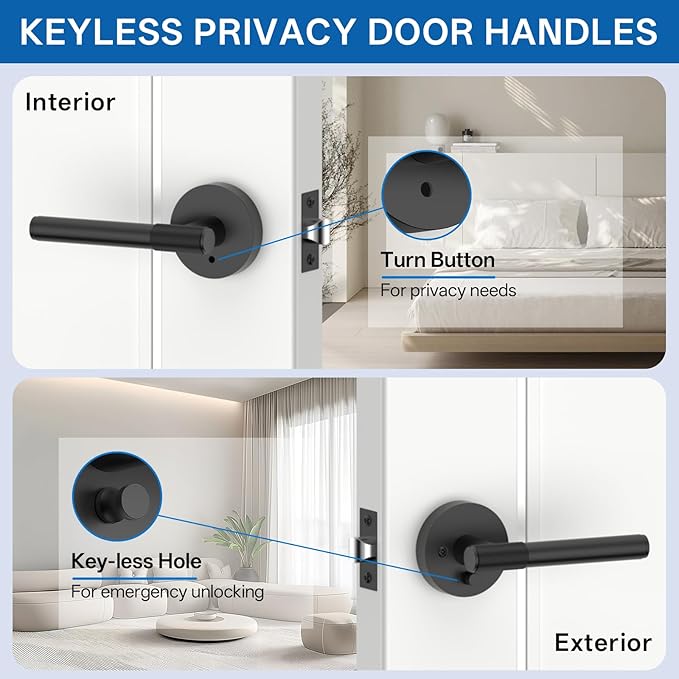 Amerdeco 1 Pack Matte Black Door Handles Interior,Knurled Privacy Door Handles with Lock,Heavy Duty Black Door Lever for Bedroom or Bathroom,Reversible Keyless for Left Right Handed Doors AM0027