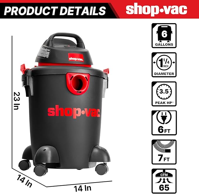 Shop-Vac 5985005 6 Gallon Wet/Dry Vacuum, 3.5 Peak HP, 1.25 Inch Diameter x 7 Foot Hose, 6 Foot Cord, Ideal for Home, Garage, and Workshop Cleaning