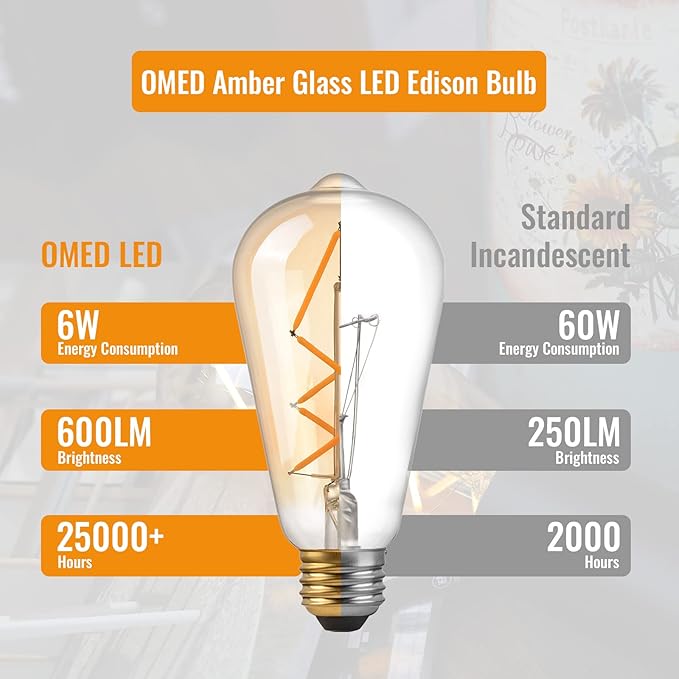 OMED LED Edison Bulb Dimmable Amber Glass, 60 Watt Equivalent LED Light Bulbs Soft White, ST64 E26 Bulb 60W 2700K, Vintage Spiral Filament LED Bulbs with Teardrop Top, 600LM,UL Listed, 2 Pack