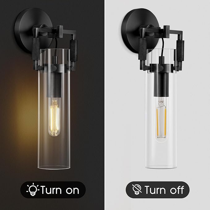 Black Indoor Wall Sconces Set of Two, 15'' knurled Brass Cylinder Sconces, Modern Clear Glass Bathroom Vanity Light, for Living Room, Bedrooms, Hallway, Fireplace, Staircases, Include Bulb