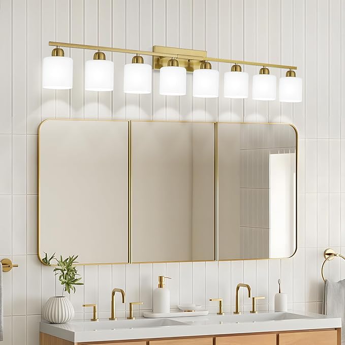 8 Light Bathroom Light Fixtures Gold for Big Mirror, Brushed Gold Vanity Lights for Bathroom with Milky White Frosted Glass Shades, 51 inch Wall Sconce for Mirrors Living Room Bedroom