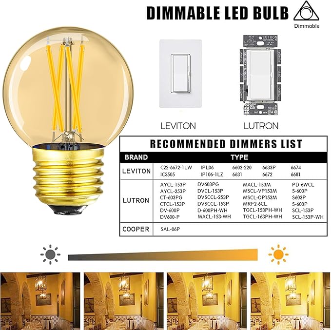 Leools G16.5 E26 led Bulb 4W Equal 40 watt Vintage LED Edison Bulb AC120V 400LM 2700K Amber Warm White Clear Dimmable LED Bulb for Ceiling Fan Light Bulbs,Appliance and Refrigerator Light Bulb 6Pcs