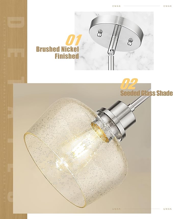 Emak 8 Inch Pendant Lights Kitchen Island, Modern Brushed Nickel Pendant Light Fixtures with Seeded Glass Shade, 1 Light Hanging Light for Kitchen Island, Dining Room, Bathroom, Bedroom, PL122-BN