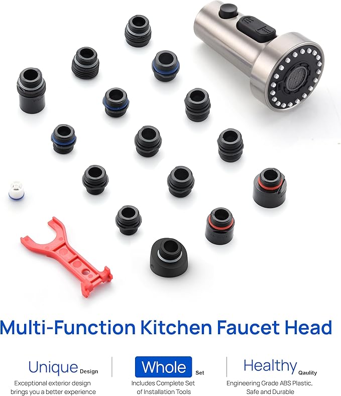 J-HVA Pull Down Kitchen Faucet Sprayer Head Replacement Part, 3 Function Pull Out Sink Sprayer Replacement Nozzle with 15 Adapters, Kitchen Faucet Head Hose Spray Tap Spout, Brushed Nickel