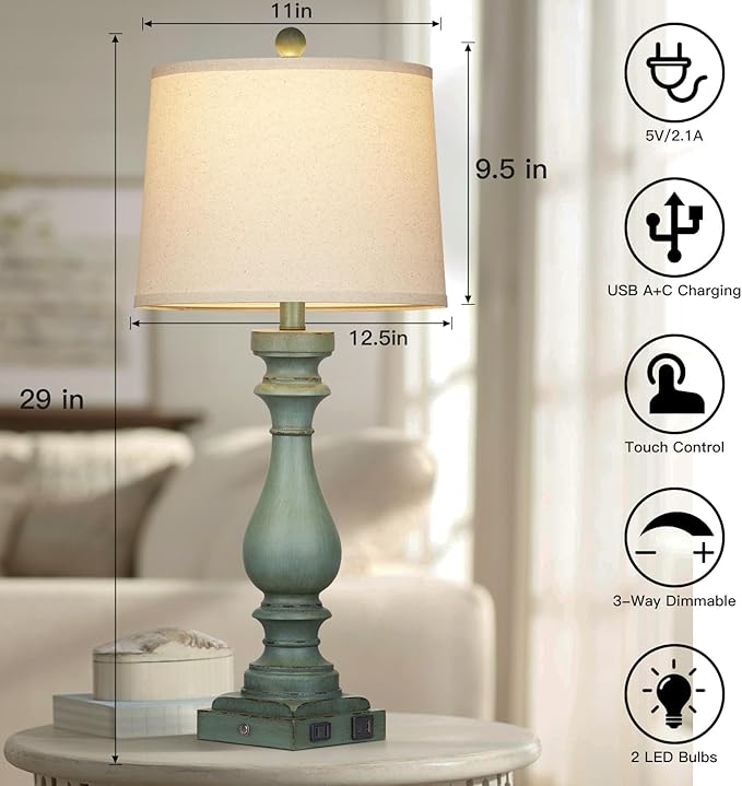 29" Tall Table Lamp for Living Room Set of 2,Vintage Bedside Nightstand Lamps with USB C+A Ports & AC Outlet,3-Way Dimmable Touch Control Retro Green Desk Lamp for Bedroom,Color 4