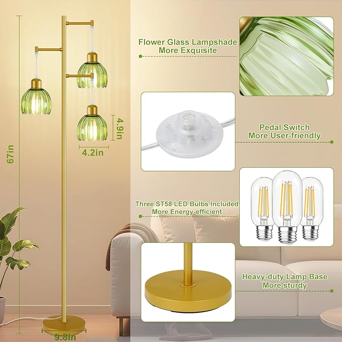 Glass Floor Lamps for Living Room, 3 Lights Mid Century Modern Standing Lamp with Foot Switch, Retro Gold Floor Lamp with Green Glass Shade, Vintage Tree Tall Lamps with Bulb for Bedroom Office