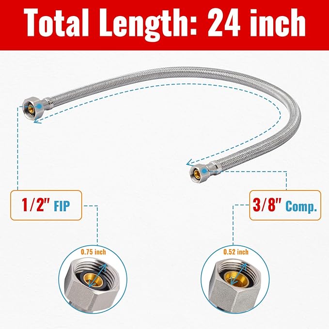 (2 Pack) SUNGATOR 24 Inch Faucet Supply Lines, 3/8" Female Comp Thread x 1/2" FIP Thread Sink Hose, 24" Stainless Steel Braided Faucet Supply Line for Bathroom, with 2 Wrenches and 1 Sealing Tape