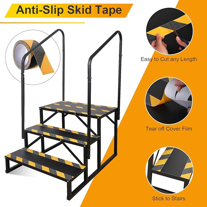 RV Steps with Handrail, Hot Tub Steps with Handrail, Portable Stairs Steps for 5th Wheel RV, Mobile Home Stairs Outdoor RV Step (3 Steps with 2 Handrails)