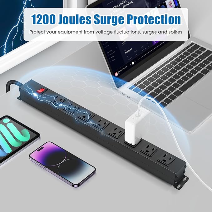 2Pack 8 Outlet Metal Wall Mount Power Strip, Mountable Outlet with Switch, Heavy Duty Wide Spaced Surge Protector, 4 FT SJT 14AWG Black Spring Cord.