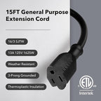 BN-LINK 15 ft Indoor/Outdoor Extension Cord 16/3 SJTW, Black, Water & Weather Resistant, 3-Prong Grounded Plug for Landscaping & Holiday Decorations, Home & Office, 13A, ETL