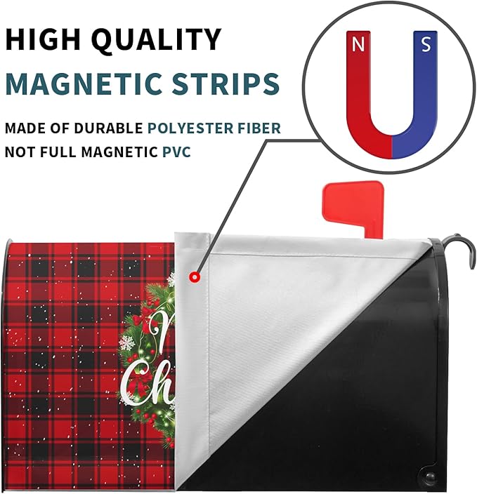 Kawani Merry Christmas Mailbox Cover - Magnetic Standard Size 21x18 Inch Winter Christmas Wreath Red Black Buffalo Plaid Xmas Holiday Wrap for Garden Yard Decor