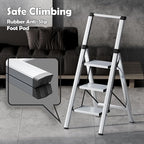 Taranta 3 Step Ladder, Portable Folding Ladder with Wide Pedal, Lightweight Aluminum Step Stool with Convenient Handgrip, 330 lbs Capacity Stepladder for Home, Office - Silver