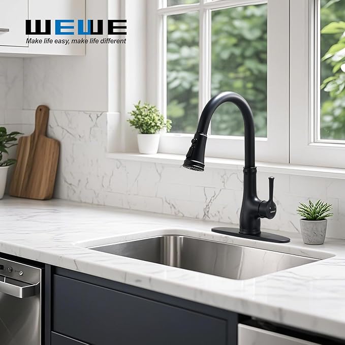 WEWE Vintage Kitchen Faucet with Pull Down Sprayer, Stainless Steel 1 or 3 Hole High Arc Single Handle Antique Sink Faucet for Classic Modern Ktichen, Matte Black