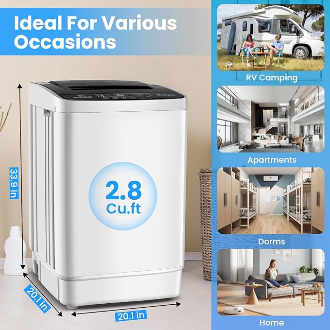 Nictemaw Portable Washing Machine 20Lbs, 2.8Cu.ft Full Automatic Portable Washer with 4 Water Levels 4 Wash Programs 3 Water Temp & Drain Pump, Compact Laundry Washer for Home, RV, Dorm