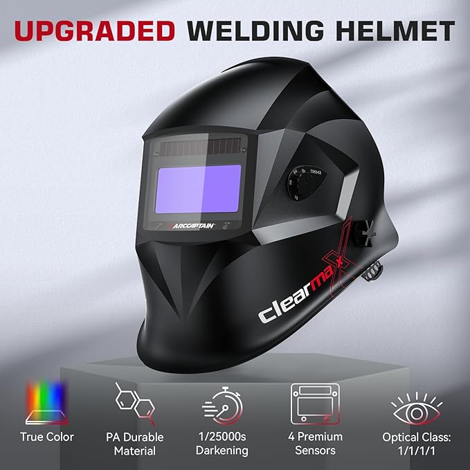 ARCCAPTAIN Large Viewing Screen Welding Helmet, 1/1/1/1 Top Optical Clarity Auto Darkening Welding Hood, 4 Arc Sensor 1/25000s Response Time True Color Welding Helmet with Adjustable Shade 4/9-13