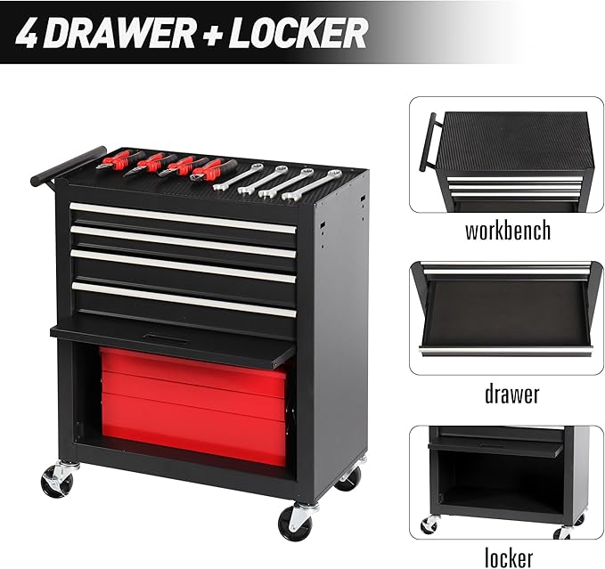 4 Drawers Metal Rolling Tool Chest on Wheels with Lockers, Tool Box Tool Trolley Organizer Cart, Multifunctional Drawers Rolling Storage Tool Case for Garage, Repair Shop(BLACK)