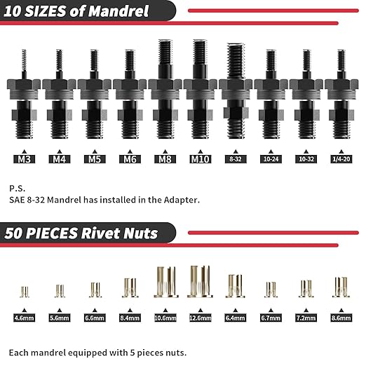 Beaspire Cordless Drill Electric Rivet Nut Drill Adapter Kit, Rivet Nut Tool Kit Including 10 Mandrel and 50Pcs Assorted Rivet Nuts, Rugged Carrying Case