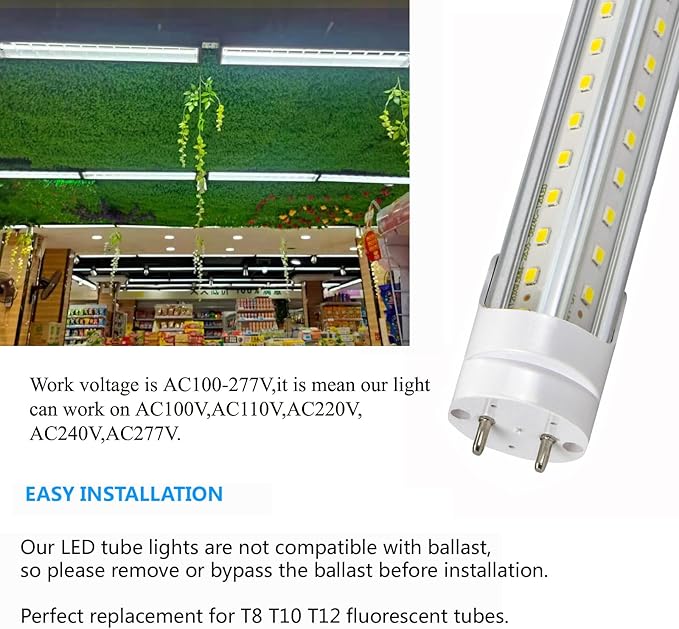 T8 5 Foot LED Tube Lights,45W 4500lm,White 6500K,G13 Bi-Pin Base,60 inches End to End,T12 Fluorescent Tubes Replacement,Ballast Bypass,Dual-Ended Power,Office,Shop,Pack of 10