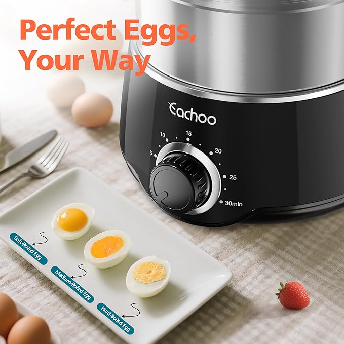 Hard Boiled Egg Cooker - CACHOO 14-Egg Rapid Stainless Steel Egg Boiler with 30-Min Timer & Auto Shut Off, Compact Electric Vegetable Steamer for Cooking, Dishwasher Safe, Black