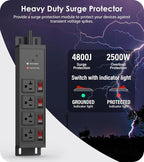 CCCEI Heavy Duty Surge Protector Power Strip 20 Amp Individual Switches. 25FT 12 Gauge Extension Cord with Multiple Outlets. Kitchen, Garage, Shop, Industrial Wall Mount Electric Extender, Black.