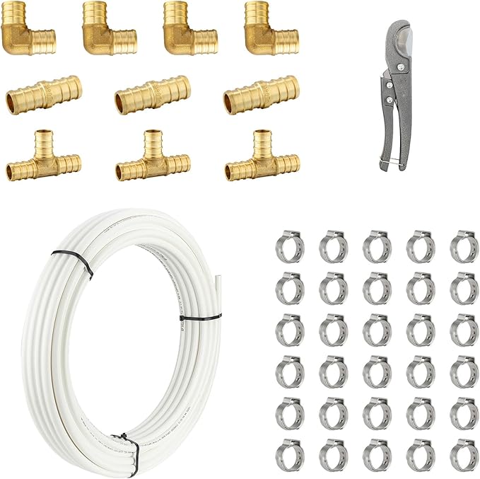 3/4 Inch-100 ft Foskan White PEX-B Pipe,Water Tubing with a Pipe Cutter,10 PCS Brass Crimp Fittings & 30 PCS Pex Clamps