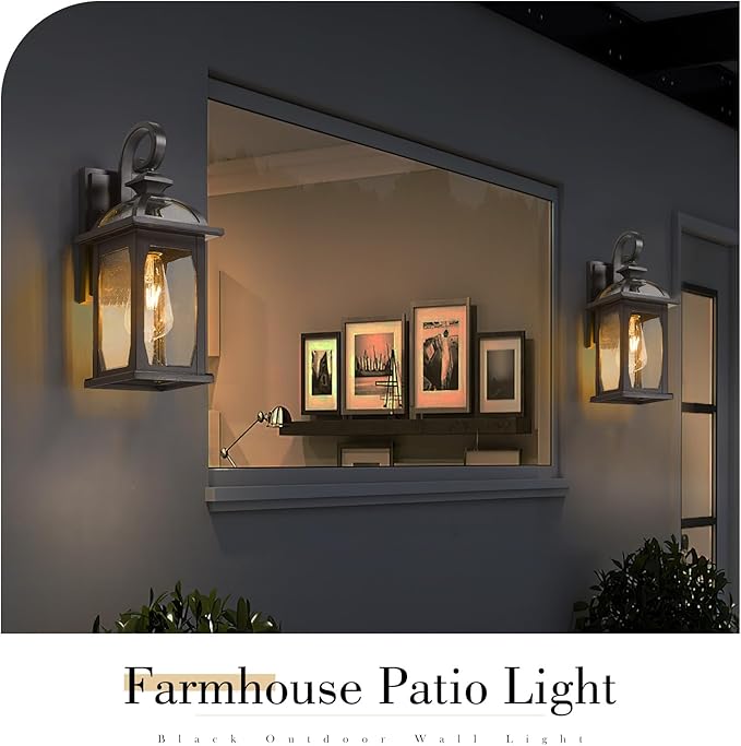 zeyu 2 Pack Outdoor Wall Lantern for Porch, 15 Inch Patio Wall Light Fixture Exterior Lights for House, Die-Cast Aluminum, Black Finish with Seeded Glass, ZD100B-2PK BK