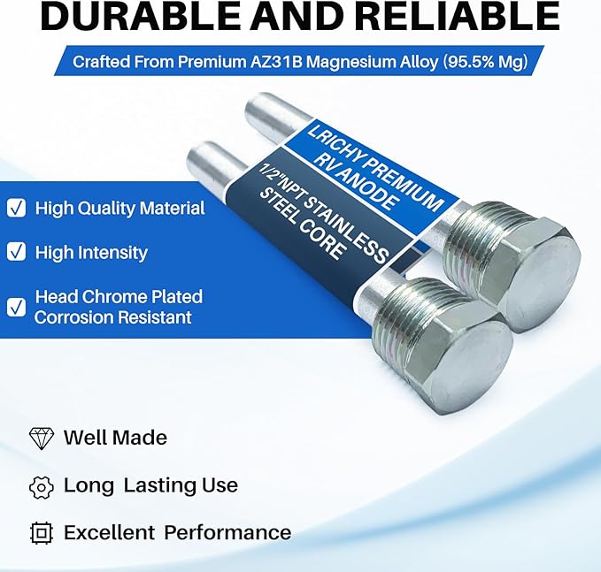 4.5" x 1/2" NPT RV Water Heater Anode Rod Replacement for Atwood 91857 Tank Drain Plug, 2 Pcs, Rust-Resistant Hex Head, Soften Hard Scale and Keep Heating Element Clean & Efficient
