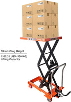 ONEN Hydraulic Scissor X-Frame Lift 1102 LBS Lifting Capacity, 59 in Lifting Height, Manual Scissor Lift Table with 4 Lockable Wheels & Foot Pump, Elevating Hydraulic Cart for Material Handling