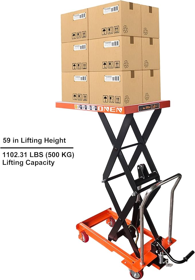 ONEN Hydraulic Scissor X-Frame Lift 1102 LBS Lifting Capacity, 59 in Lifting Height, Manual Scissor Lift Table with 4 Lockable Wheels & Foot Pump, Elevating Hydraulic Cart for Material Handling