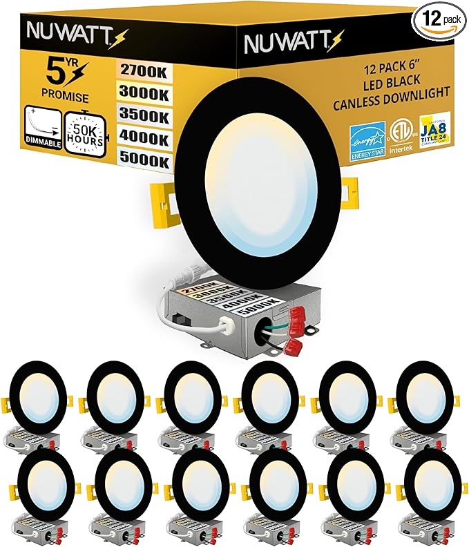 NUWATT 12 Pack, 6 Inch Ultra-Thin Black LED Recessed Lighting, 5CCT 2700K/3000K/3500K/4000K/5000K Selectable, 1050LM, 15W, Water Resistant, IC Rated, Dimmable Canless Slim Wafer Light with J-Box, ETL