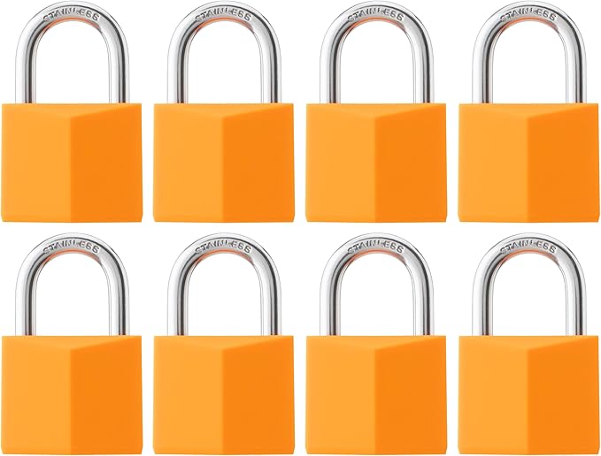 8-Pack Keyed Alike Locks, Orange Covered Brass Keyed Padlock with Stainless Steel Shackle, 1-9/16 Inch Lock Body, Rustproof Locks for Luggage Gate Fence Hasp Cabinet Toolbox Gym School Locker