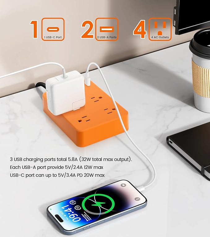 Outdoor Power Strip Weatherproof,Fast Charging Station 20W USB C,Waterproof Surge Protector 4 Outlets, Multi Outlet Extension for Camping, Garden, Kitchen,Bathroom,Flat Plug (Orange, 25 FT Cable)