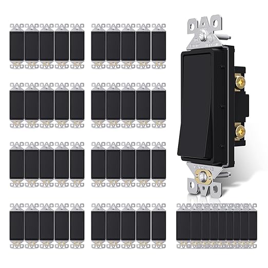 AIDA Matte Black Single Pole Decorator Light Switch, 15Amp, 120/277V, Decorative Paddle Rocker Switch Replacement, Electrical Wall Switch,Residential/Commercial Grade, UL/CUL (50 Pack)