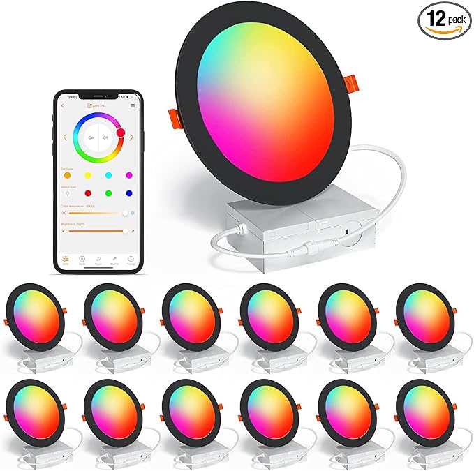 Black Smart Recessed Lighting 6 Inch RGBCW Color Changing 16W LED Downlight with Junction Box,1350 Lumen Recessed Ceiling Light Compatible with Alexa,Dimmable by Bluetooth Control -12Pack