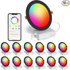 Black Smart Recessed Lighting 6 Inch RGBCW Color Changing 16W LED Downlight with Junction Box,1350 Lumen Recessed Ceiling Light Compatible with Alexa,Dimmable by Bluetooth Control -12Pack