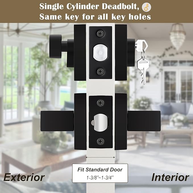 4 Pack Keyed Entry Door Lock with Deadbolt Set, Reversible Passage Lever and Keyed Alike Single Cylinder Deadbolt, Matte Black Square Handleset for Bedroom, Front Door
