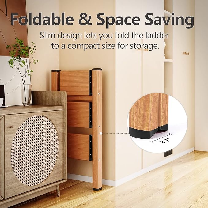 3 Step Ladder, Folding Step Stool with Anti-Slip Wide Sturdy Pedal, Multi-Use for Home and Kitchen Use, Space Saving-Woodgrain(300 lbs Capacity)