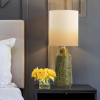 18” Ceramic Table Lamp Green Nightstand Pottery Lamp Single with White Shade Modern Bedside Desk Lamps with Leaf Pattern for Living Room Bedroom Farmhouse Dining Room Enterway