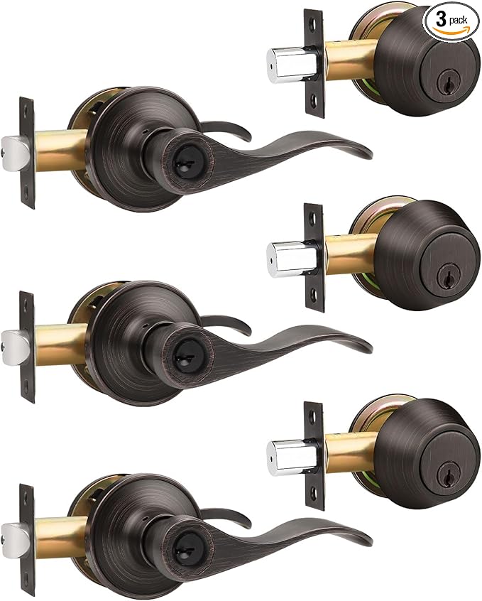 Gobrico 3 Pack Wave Entry Door Levers and Single Cylinder Deadbolt Front Combination Lockset, Oil Rubbed Bronze Keyed Alike Exterior Door Handles with Lock and Deadbolt in Same Key