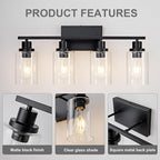 4 Light Black Bathroom Vanity Light Fixture Over Mirror Modern Farmhouse Wall Lighting Sconces Industrial Wall Lamp for Bathroom Bedroom Living Room E26 Socket with Glass Shade