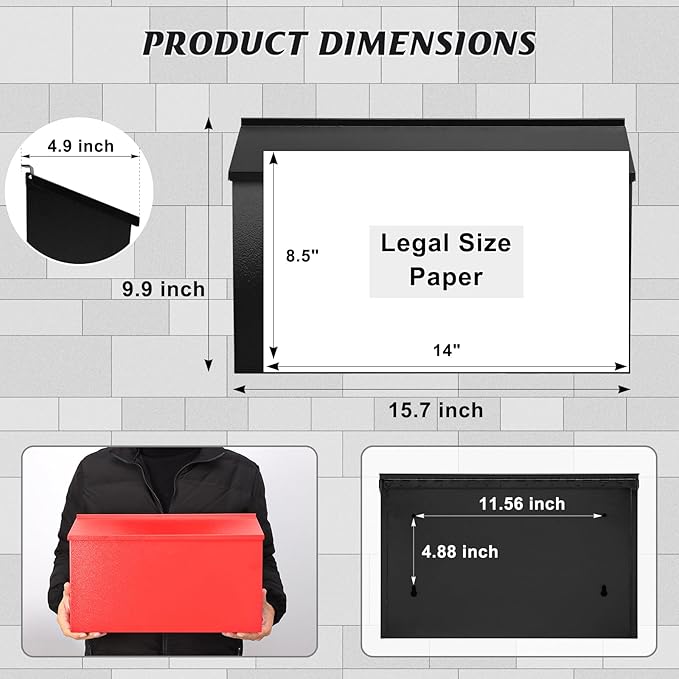 KYODOLED Wall-Mount Mailbox for House, Large Capacity Mail Box, Galvanized Steel Rust-Proof Metal Post Box, Mailboxes for Outside,15.7"x9.9"x4.9" Black