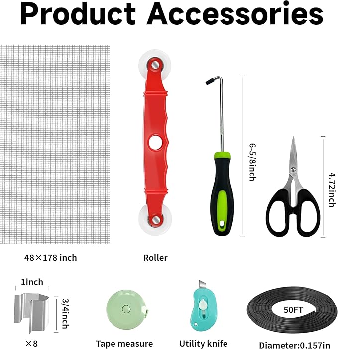 Window Screen Door Repair/Replacement Kit,48" x178" Adjustable Durable Fiberglass Window Screen Mesh,with Spline/Roller/Hook/Clips Screen Door Repair Kit,DIY Window,Porch Sliding Door(Grey)