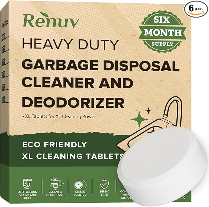 Renuv Garbage Disposal Cleaner and Deodorizer Tablets Drain Freshener, Deodorizer, Cleaner for Garbage Disposer Cleaners (6 XL Tablets - 6 Months Supply)