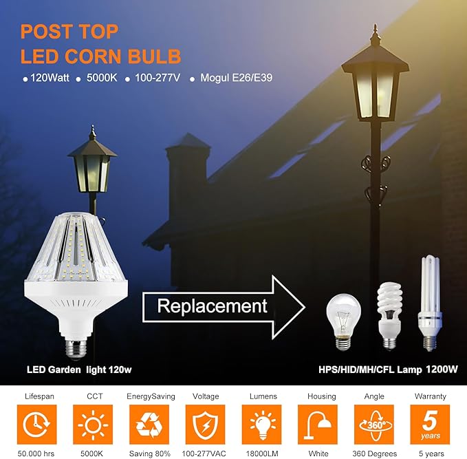 1200W Equivalent Led Corn light bulbs,18000 Lumen LED Corn Bulb 120W 5000K Daylight White Lamp,E26/E39 Medium Mogul Base,2-Pack Large Area Lights For Outdoor Indoor Garage Warehouse Factory Workshop