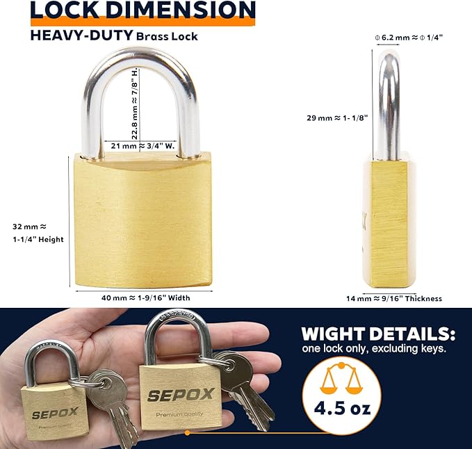 SEPOX® 3Pcs Pack Heavy-Duty Solid Brass Padlocks with Same Keys 4Pcs, Weather Proof Body 40mm 1-9/16", Anti-Rust & Anti-Cut Shackle, Outdoor Lock & Key, Keyed Alike for Gates, Shed, Fence, Gym Locker
