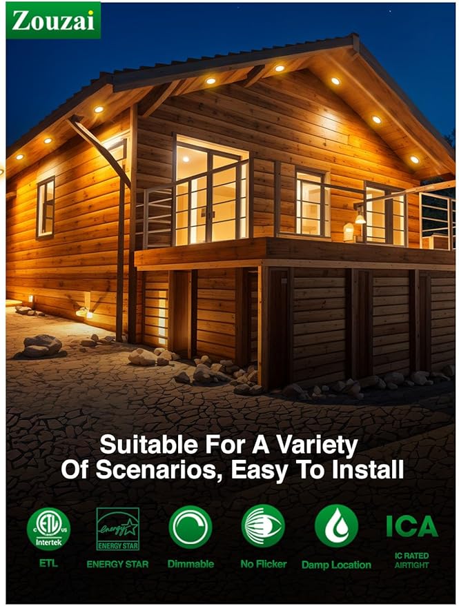 zouzai 4 Inch 5CCT Ultra-Thin LED Recessed Ceiling Light with Junction Box, 2700K/3000K/3500K/4000K/5000K Selectable, 9W Eqv 80W, Dimmable, led can Lights - ETL and Energy Star Certified【 6 Pack 】